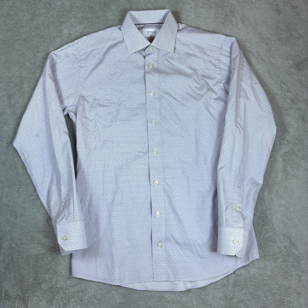 Eton Shirt Mens 15.5 Slim Monogram Print Long Sleeve Button Down Purple White